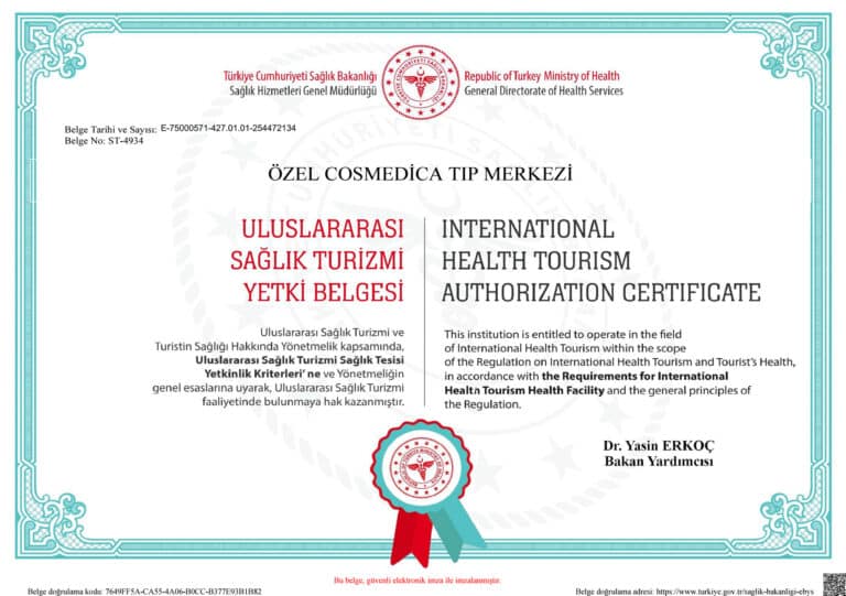 Cosmedica Uluslararası Sağlık Turizmi Yetki Belgesi