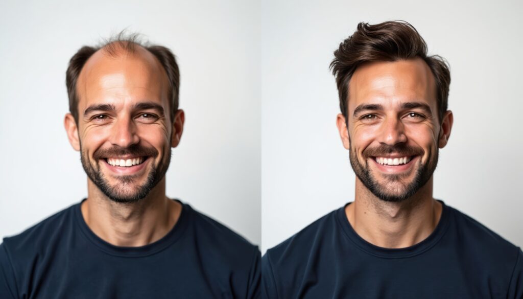 Smiling man shows hair restoration change