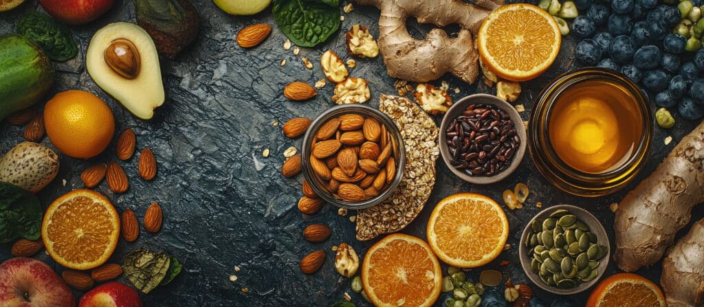 Producten die een grote hoeveelheid vitamine E bevatten: het concept van een gezond dieet.