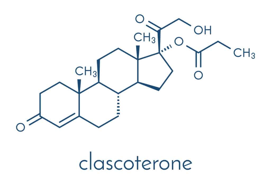 Molécule de clascotérone, formule chimique structurale, modèle moléculaire (boules et bâtonnets)