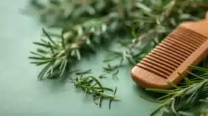 Un pettine accanto a delle foglie di rosmarino