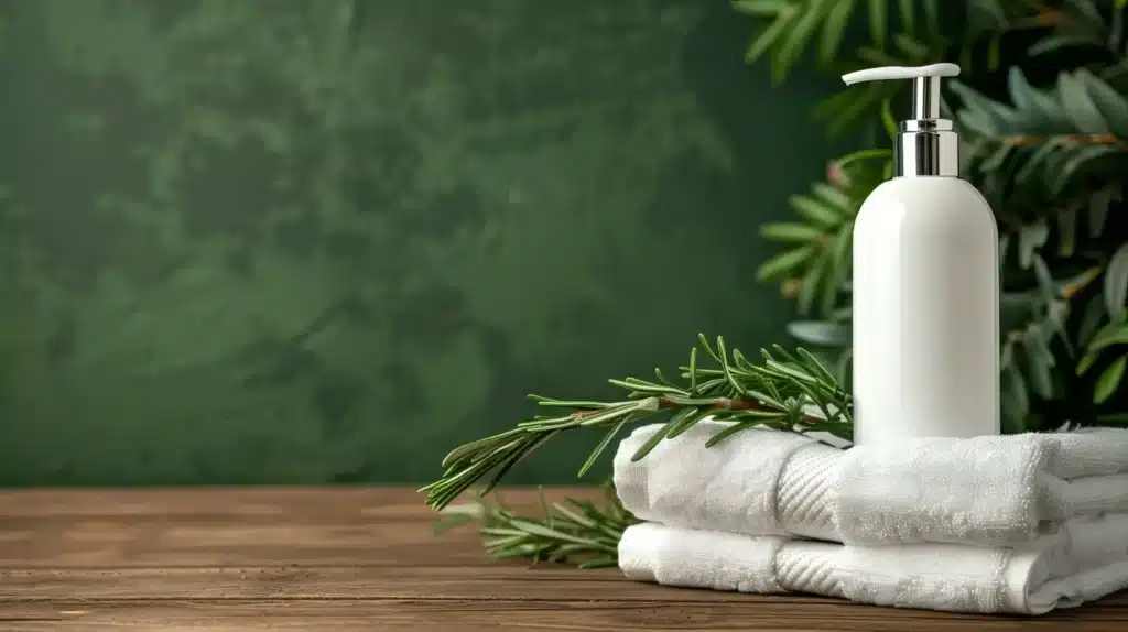 Rosmarino vicino a un dispenser di sapone con degli asciugamani