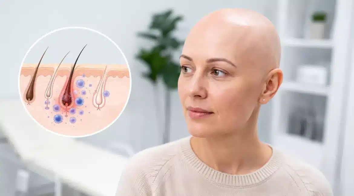 Frau mit vollständigem Kopfhaarverlust in einer klinischen Umgebung, daneben eine Illustration von Haarfollikeln und einer autoimmunen Reaktion bei Alopecia totalis.