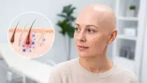 Frau mit vollständigem Kopfhaarverlust in einer klinischen Umgebung, daneben eine Illustration von Haarfollikeln und einer autoimmunen Reaktion bei Alopecia totalis.