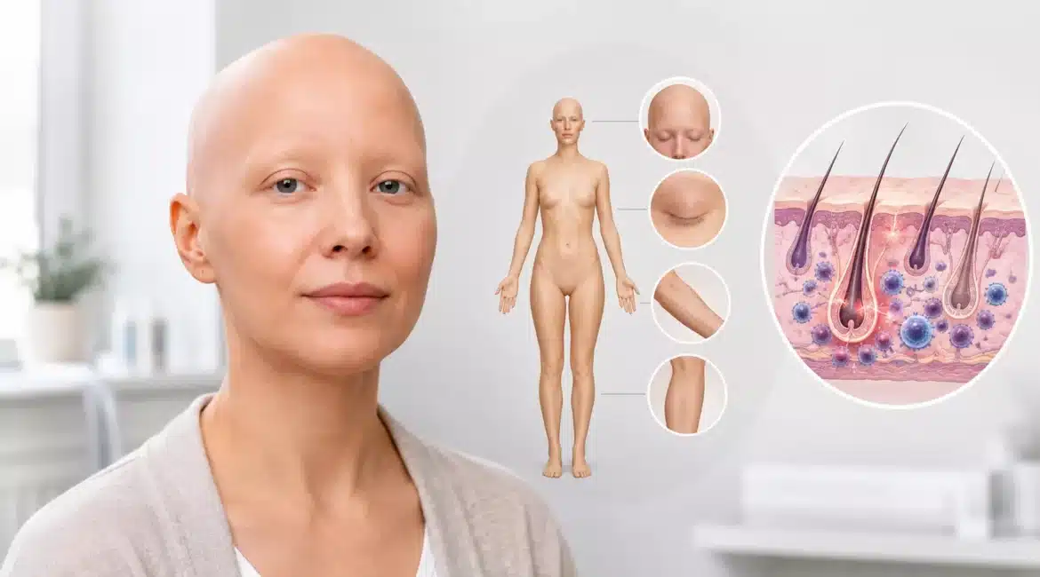 Person mit vollständigem Haarverlust durch Alopecia universalis in einer klinischen Umgebung, ergänzt durch eine medizinische Illustration zu Haarfollikeln und Autoimmunreaktion.