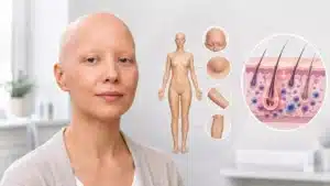 Person mit vollständigem Haarverlust durch Alopecia universalis in einer klinischen Umgebung, ergänzt durch eine medizinische Illustration zu Haarfollikeln und Autoimmunreaktion.