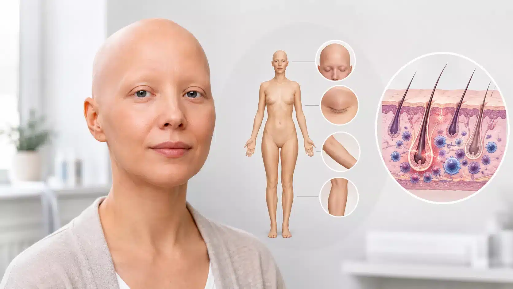 Person mit vollständigem Haarverlust durch Alopecia universalis in einer klinischen Umgebung, ergänzt durch eine medizinische Illustration zu Haarfollikeln und Autoimmunreaktion.