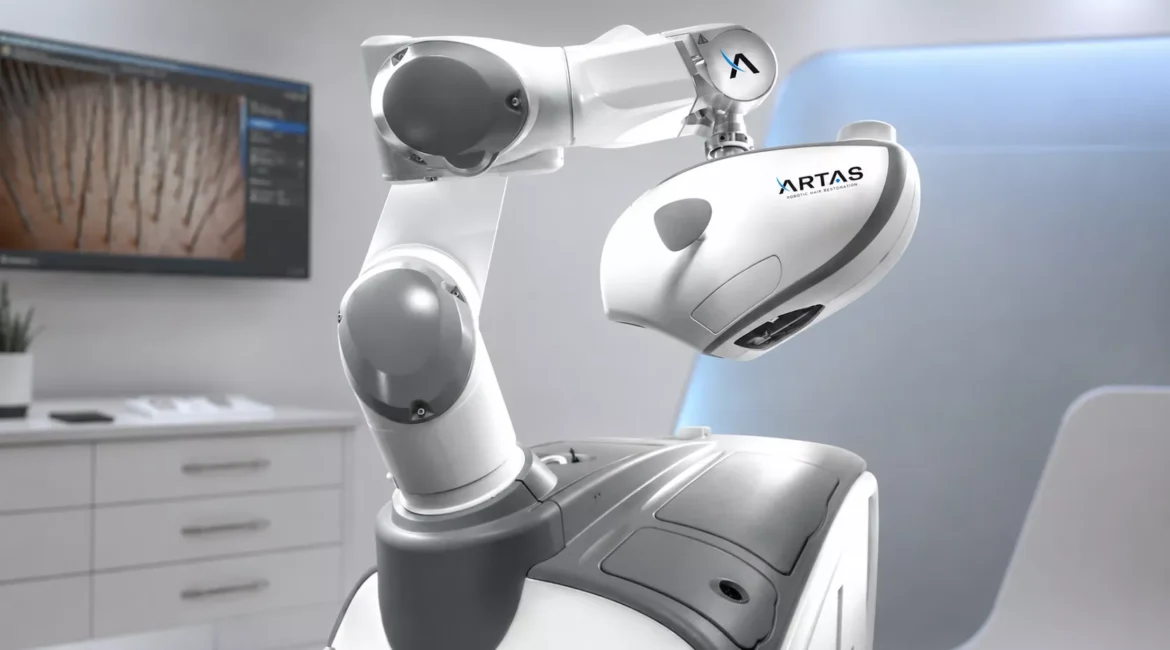 ARTAS-Roboter zur Haartransplantation in einer modernen klinischen Umgebung, ohne Personen, mit Fokus auf dem robotergestützten Behandlungsarm.