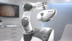 ARTAS-Roboter zur Haartransplantation in einer modernen klinischen Umgebung, ohne Personen, mit Fokus auf dem robotergestützten Behandlungsarm.