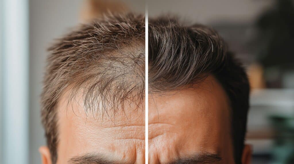 Greffe de cheveux après 1 an : comparaison avant/après montrant une densité retrouvée et une ligne frontale plus naturelle.