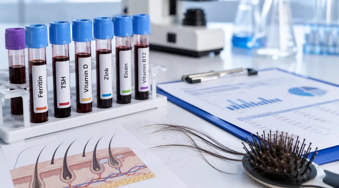 Blutröhrchen mit Laborwerten wie Ferritin, TSH, Vitamin D, Zink, Eisen und Vitamin B12 neben Haarsträhnen, Haarbürste und einem Analysebericht zu Haarausfall.