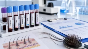 Blutröhrchen mit Laborwerten wie Ferritin, TSH, Vitamin D, Zink, Eisen und Vitamin B12 neben Haarsträhnen, Haarbürste und einem Analysebericht zu Haarausfall.