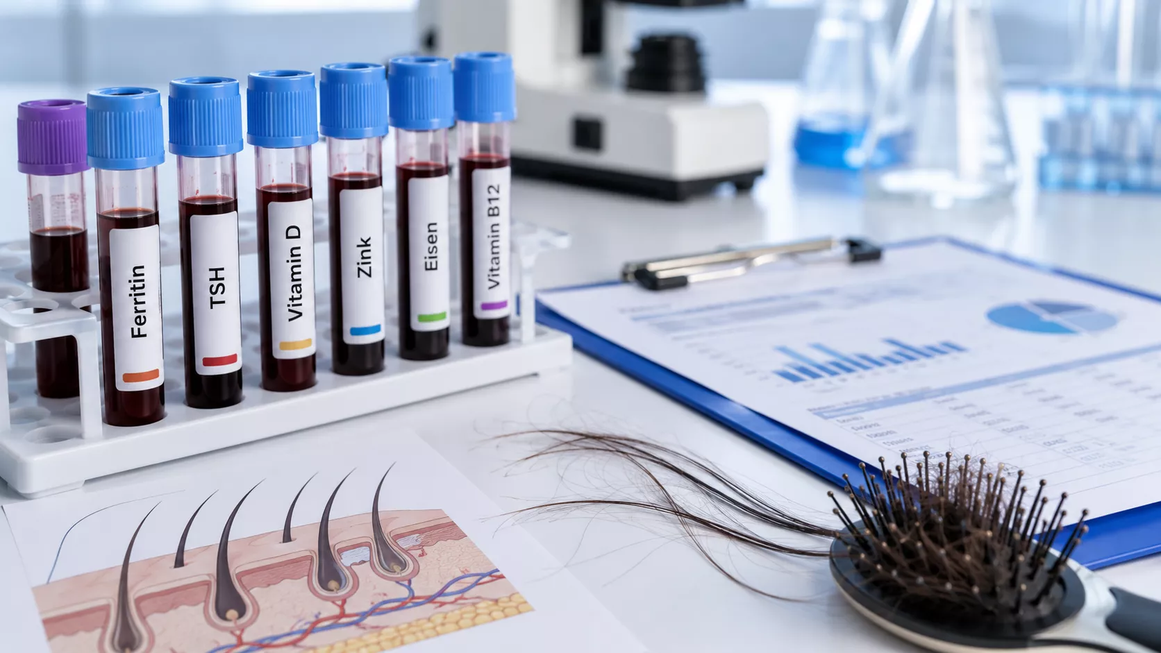Blutröhrchen mit Laborwerten wie Ferritin, TSH, Vitamin D, Zink, Eisen und Vitamin B12 neben Haarsträhnen, Haarbürste und einem Analysebericht zu Haarausfall.