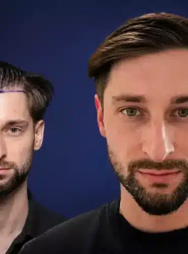 Vorher-Nachher-Frontansicht von Dennis P. nach einer Haartransplantation in der Türkei mit 3.000 Grafts bei Cosmedica in Istanbul
