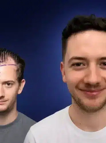 Vorher-Nachher-Frontansicht von Nicolas J. nach einer Haartransplantation in der Türkei mit 4.500 Grafts bei Cosmedica in Istanbul