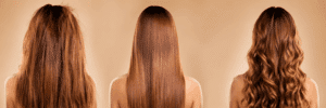 Soin botox cheveux montrant des cheveux secs, lisses et ondulés après transformation capillaire.