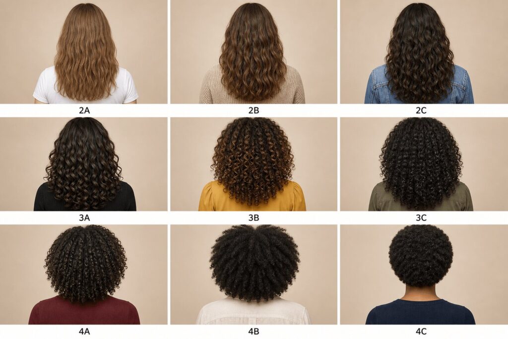 Curly hair types chart showing 2A to 4C curl patterns side by side
