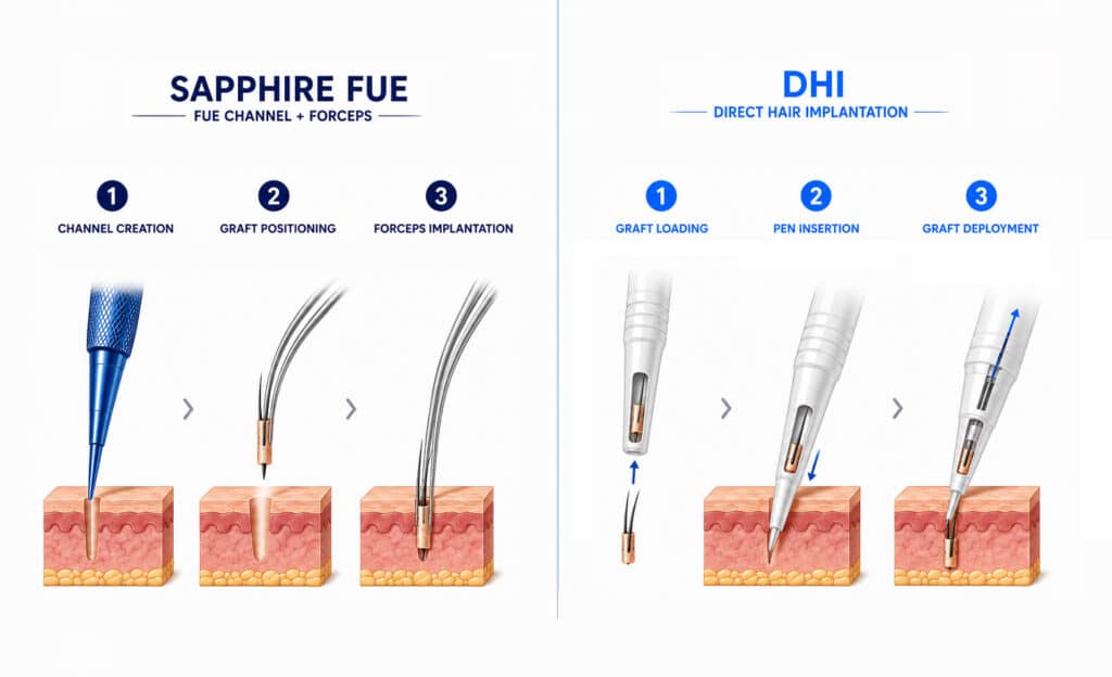 Diagram comparing Sapphire FUE and DHI hair transplant techniques