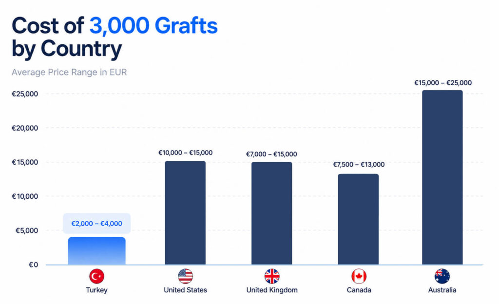 Chart comparing hair transplant cost in Turkey vs USA, UK, Canada and Australia