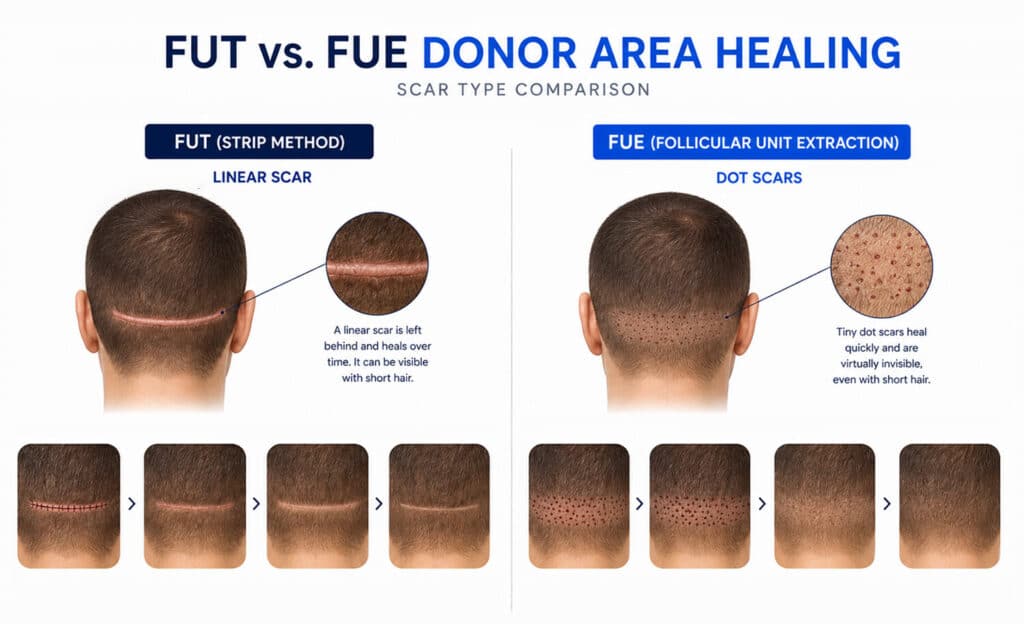 Comparison of FUT linear scar and FUE dot-scar donor area healing