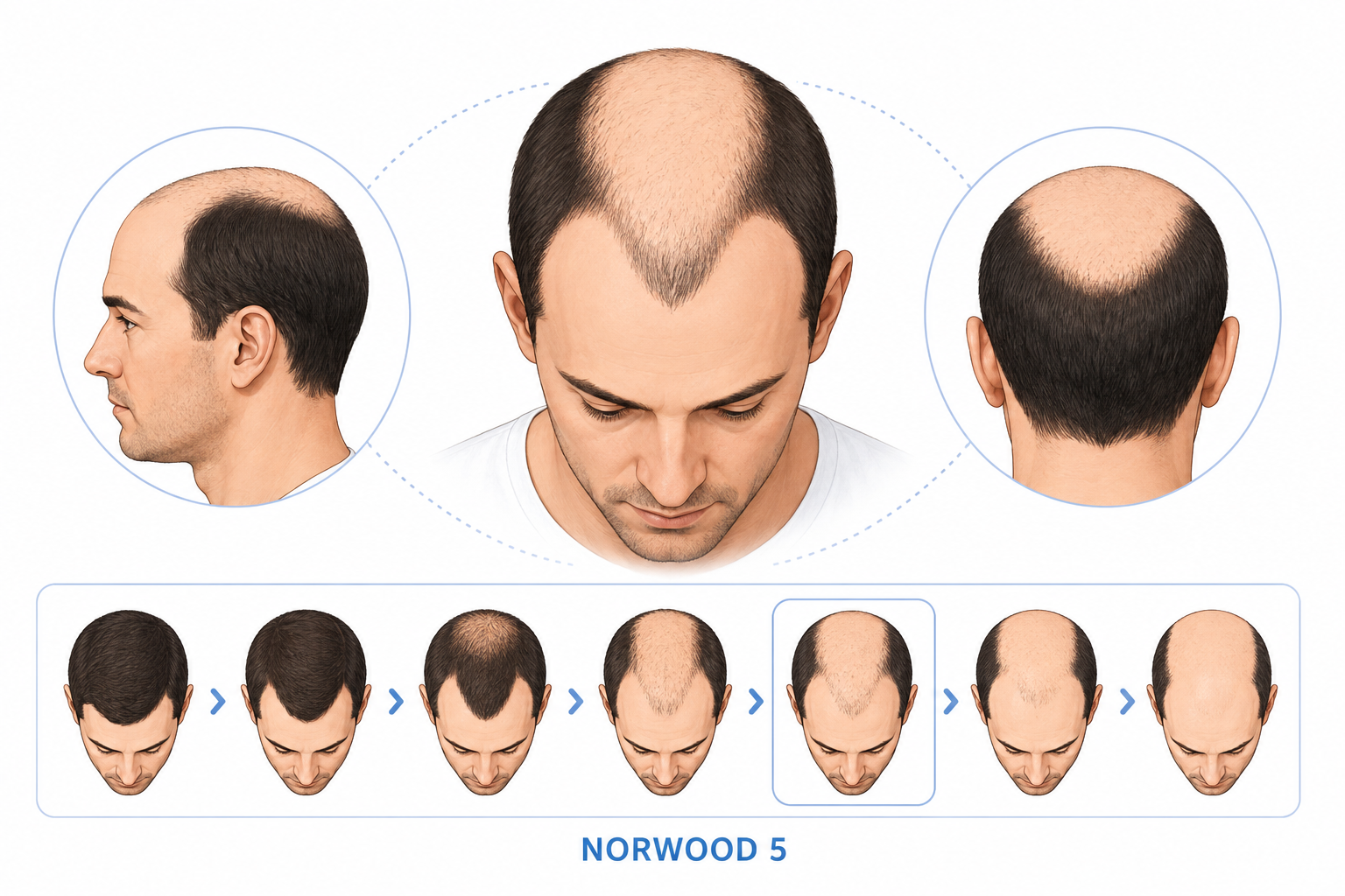 Illustration du stade Norwood 5 avec perte de cheveux avancée sur le dessus du crâne.