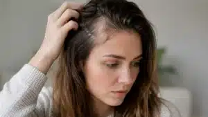 Frau zieht an einer Haarpartie und zeigt eine lichte Stelle am Haaransatz als Symbol für Trichotillomanie und selbst verursachten Haarverlust.