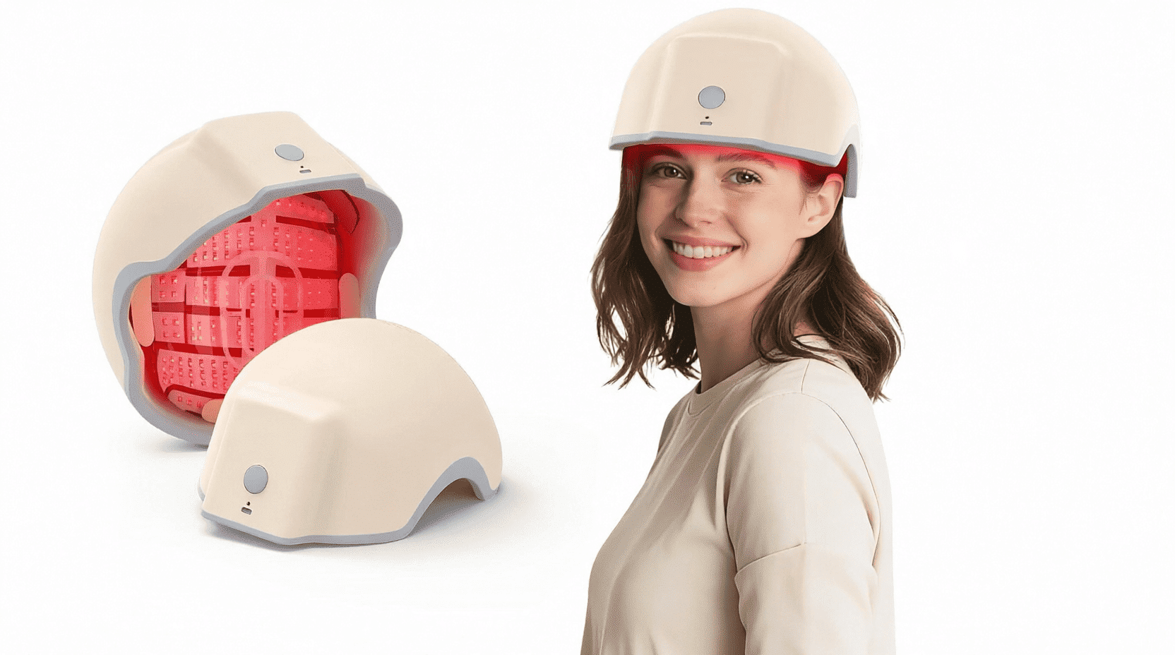 Donna con dispositivo laser domestico per la ricrescita dei capelli