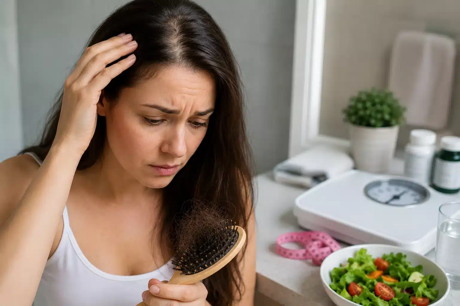 Frau betrachtet ausgefallene Haare in ihrer Hand und auf einer Haarbürste, während Waage und Maßband im Hintergrund Gewichtsverlust als möglichen Auslöser symbolisieren.