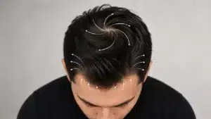 Haarwuchsrichtung am Kopf eines Mannes aus der Vogelperspektive mit Pfeilen entlang von Haarlinie, Schläfen und Haarwirbel.