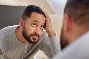 Un hombre se mira al espejo 12 meses después del injerto capilar