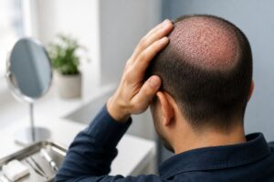 Hoofd gestoten na haartransplantatie tijdens de eerste fase van herstel