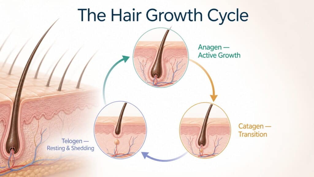 Illustration of the three stages of the hair growth cycle: anagen active growth, catagen transition, and telogen resting and shedding.