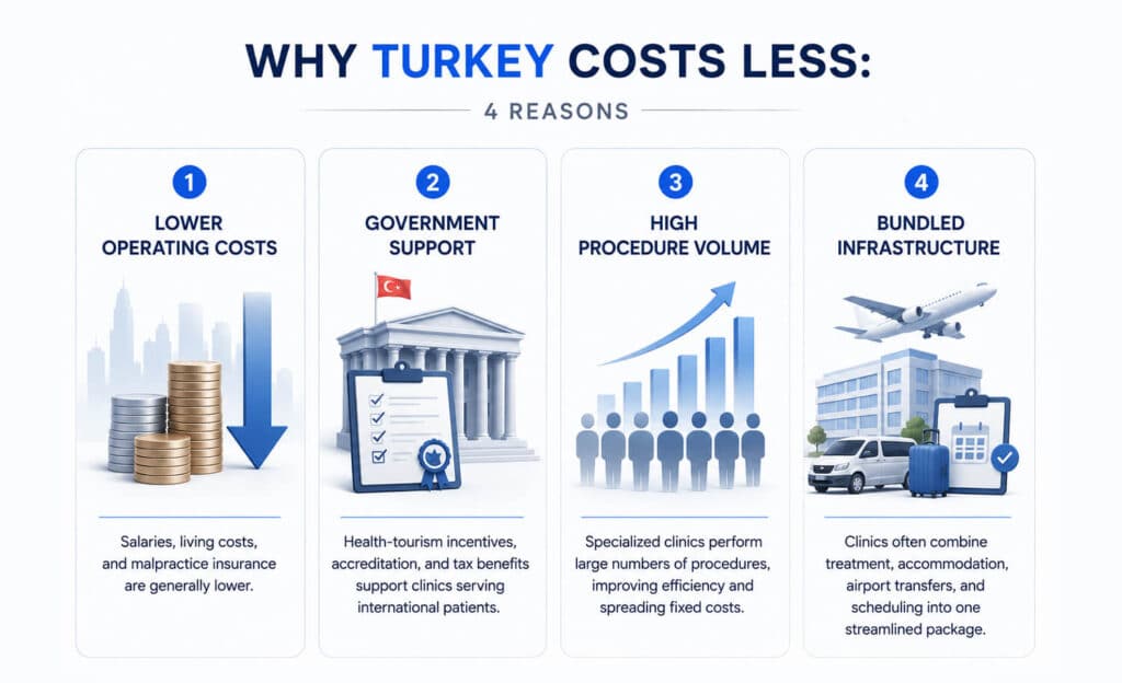Why hair transplants in Turkey cost less: lower operating costs, government support, high procedure volume, and bundled infrastructure.