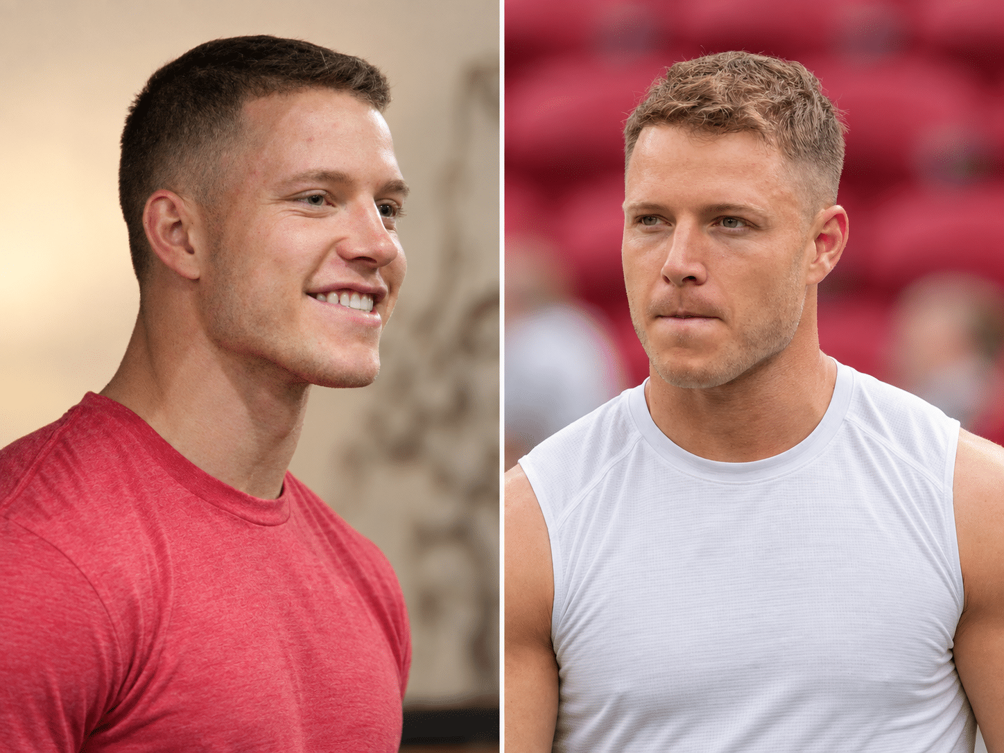 Christian McCaffrey's hairline in earlier and more recent photographs