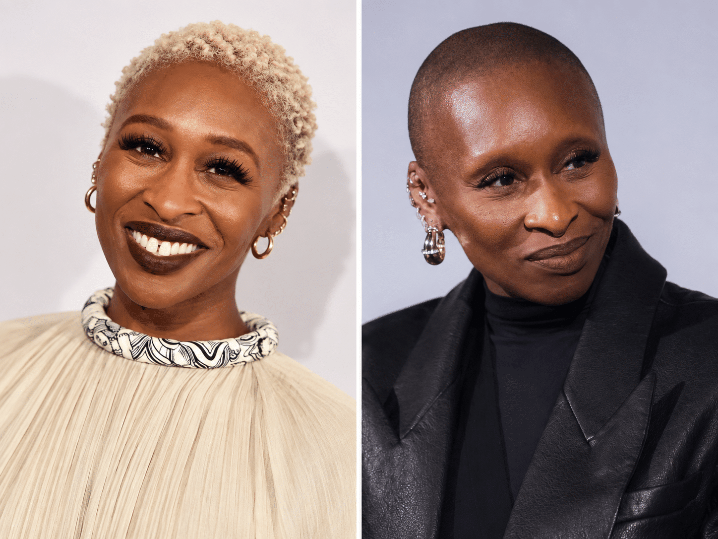 Cynthia Erivo z krótkimi włosami oraz w późniejszym wizerunku z ogoloną głową