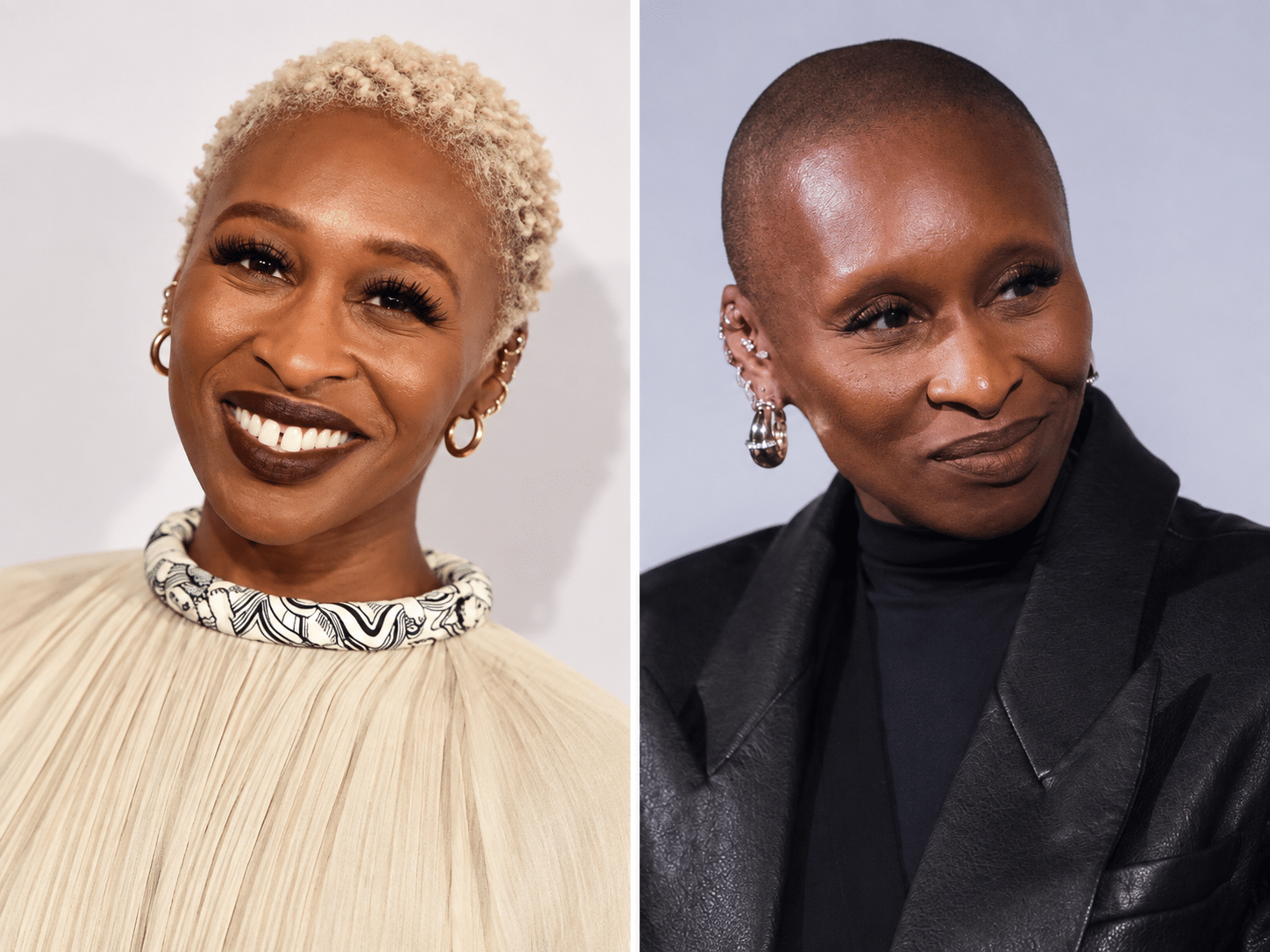 Cynthia Erivo with short hair and her later shaved-head look