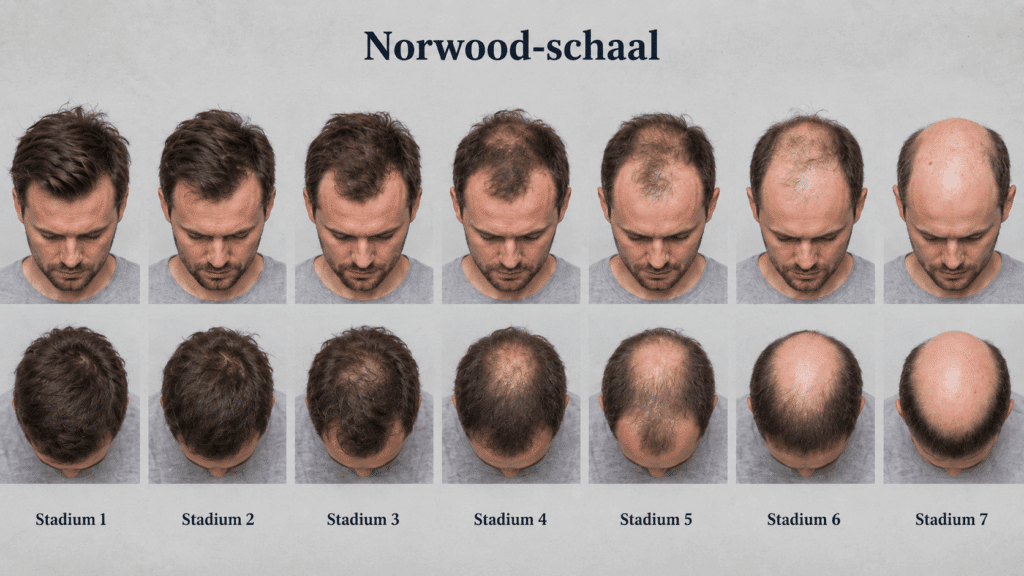 Overzicht van de Norwood-schaal met zeven stadia van mannelijke haaruitval, van een intacte haarlijn tot gevorderde kaalheid