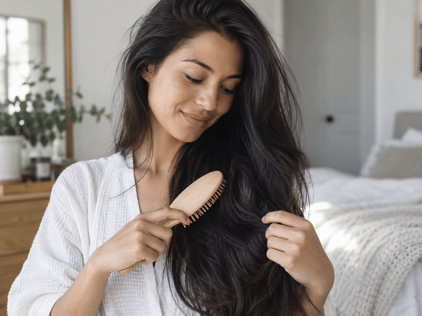 Woman caring for long healthy hair in a guide on how to grow hair faster.