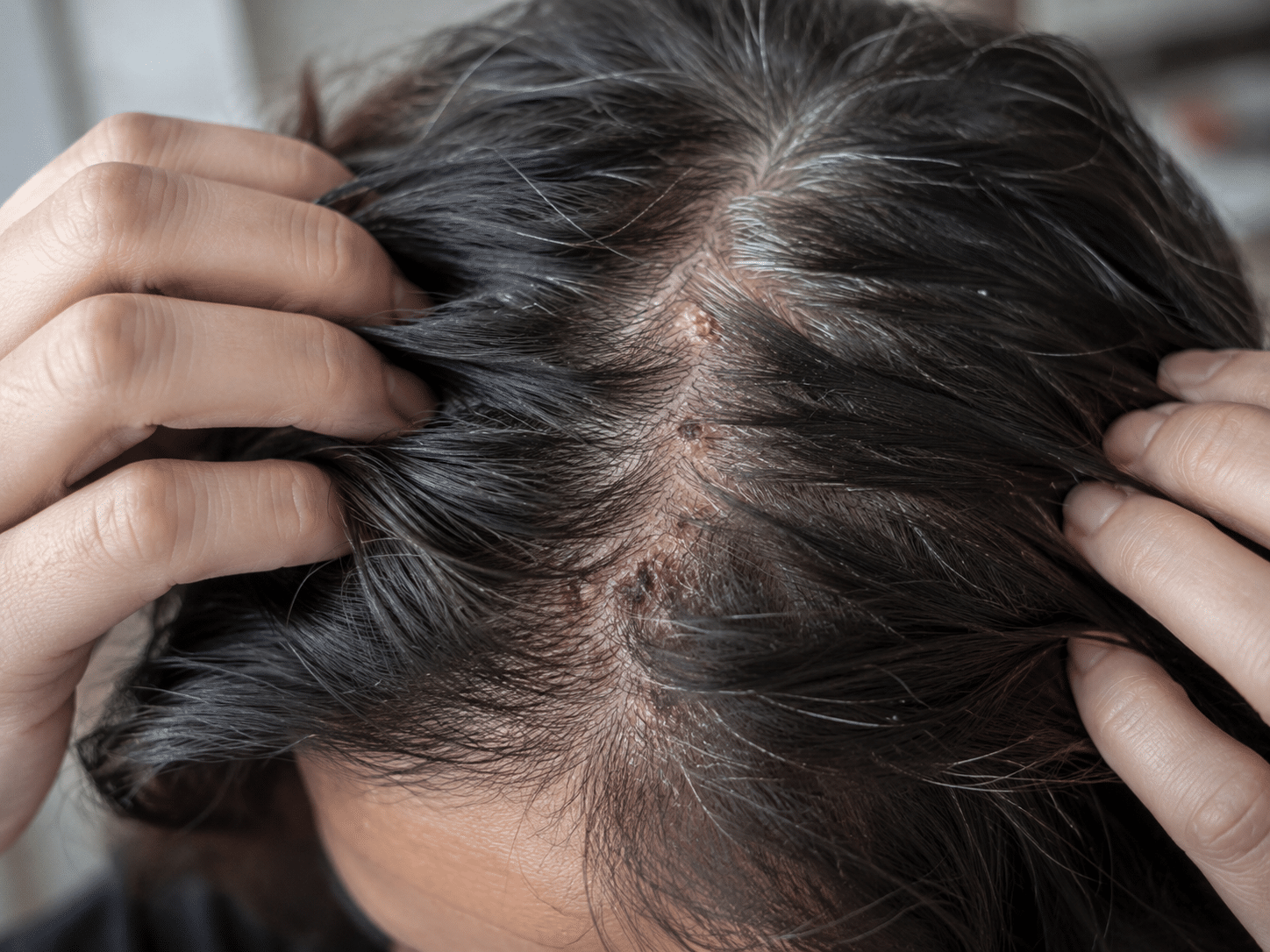 Scabs on scalp with redness and flaking between the hair.