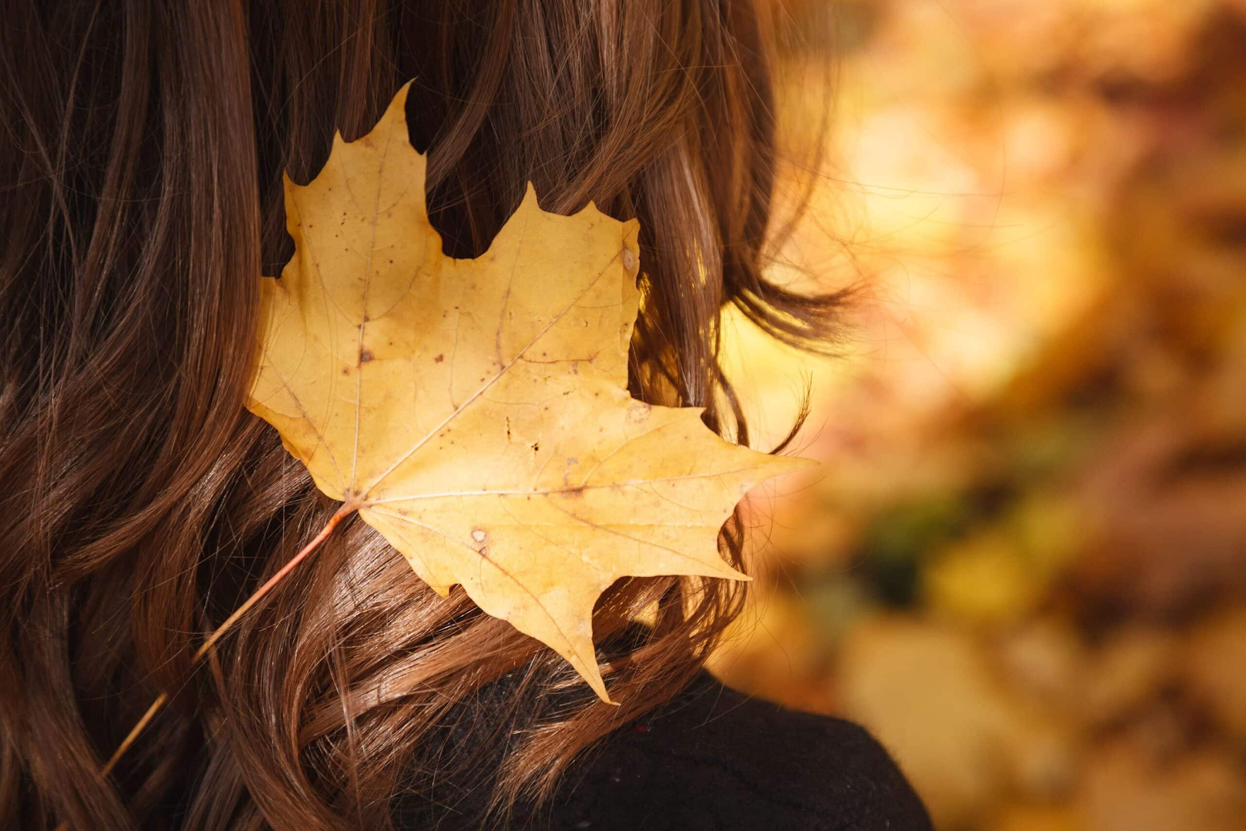 Perchè cadono i capelli in Autunno? Foto di una foglia autunnale sui capelli di una donna.