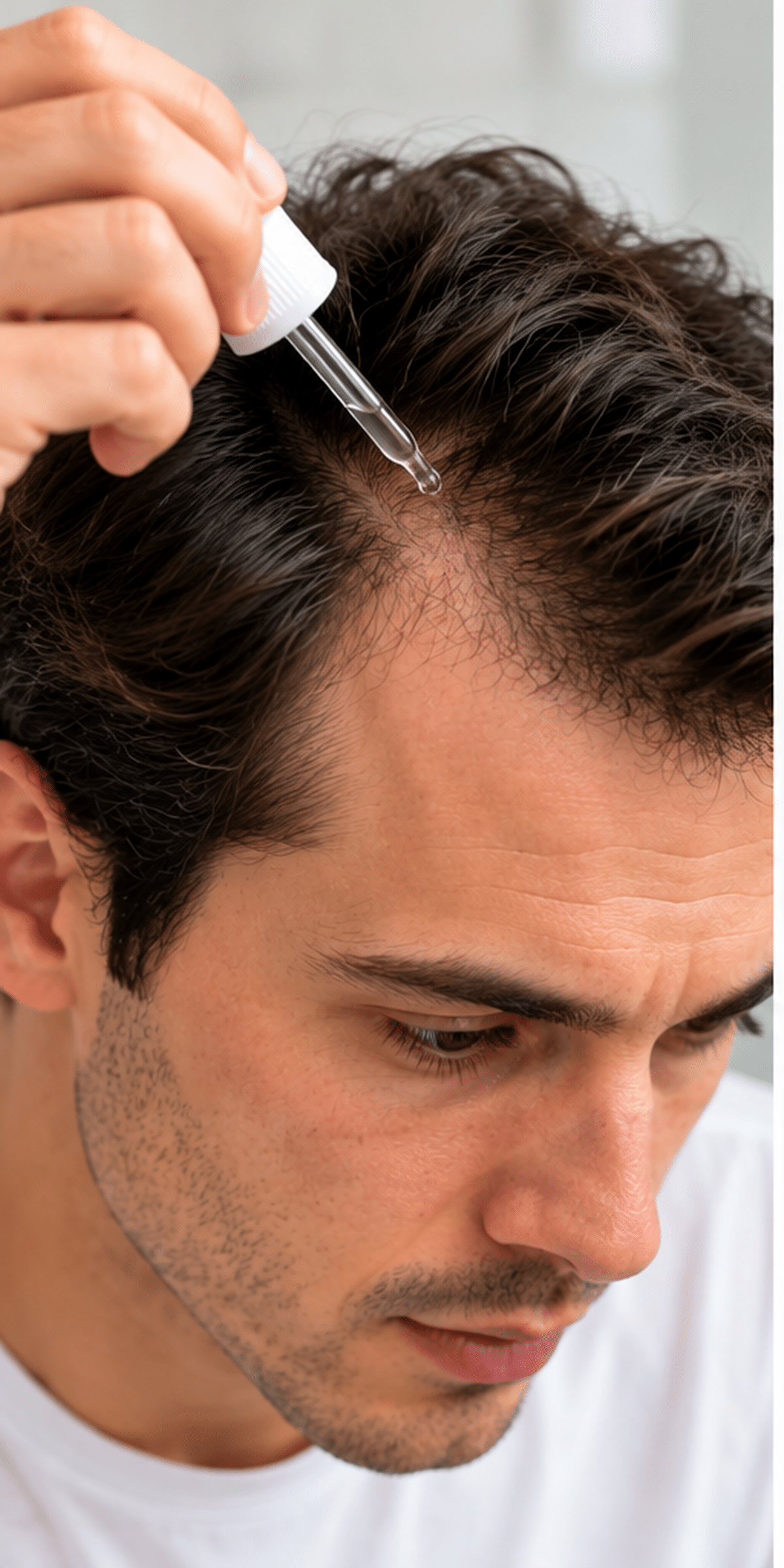 Topical finasteride being applied directly to a thinning scalp