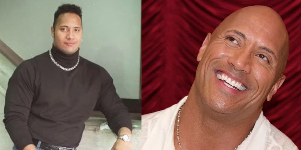 A side-by-side look at Dwayne “The Rock” Johnson’s hair evolution, from his earlier years with hair to the shaved style that became his signature look.