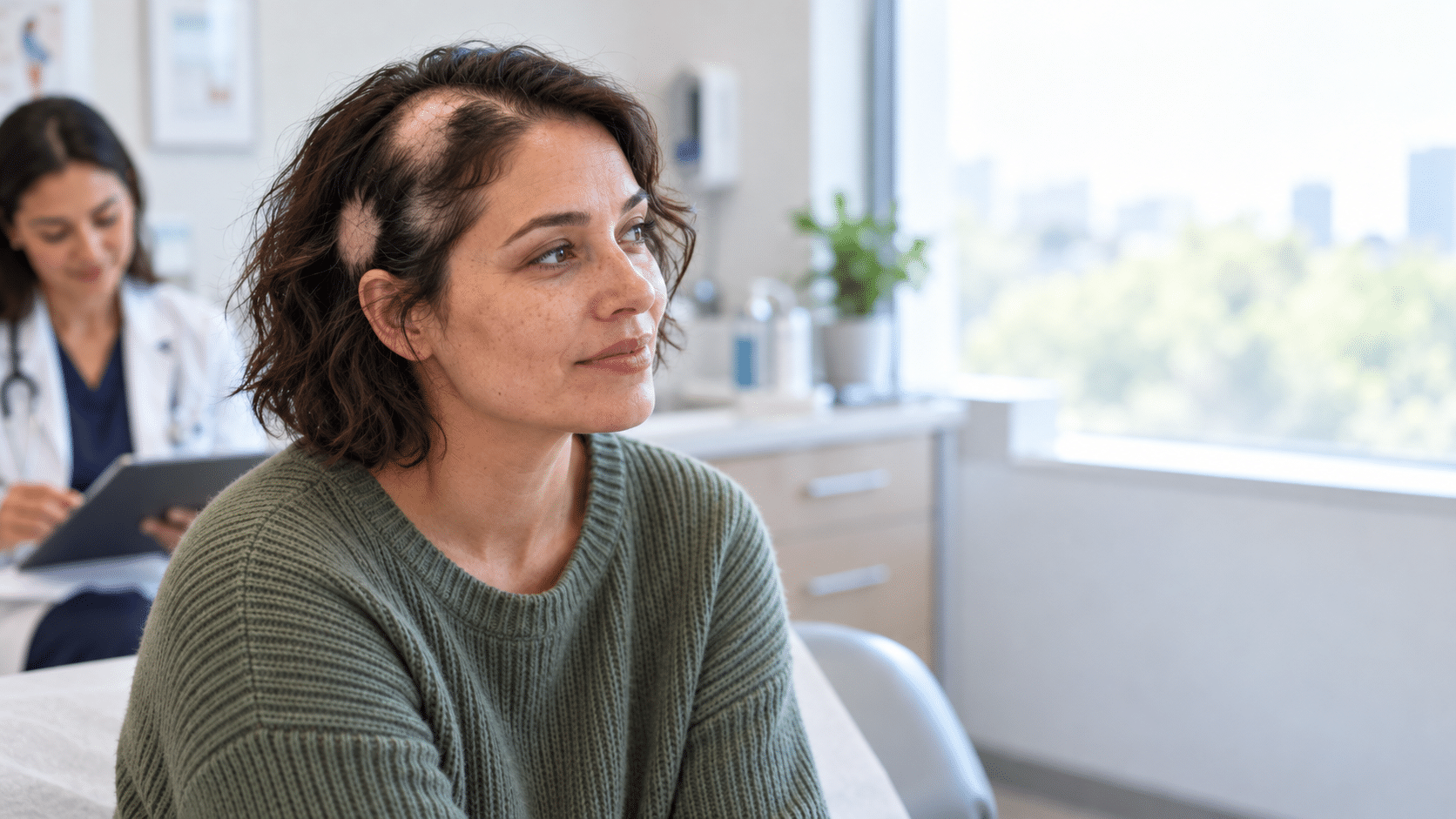 Alopecia areata causes patchy, non-scarring hair loss and may affect different areas of the scalp.