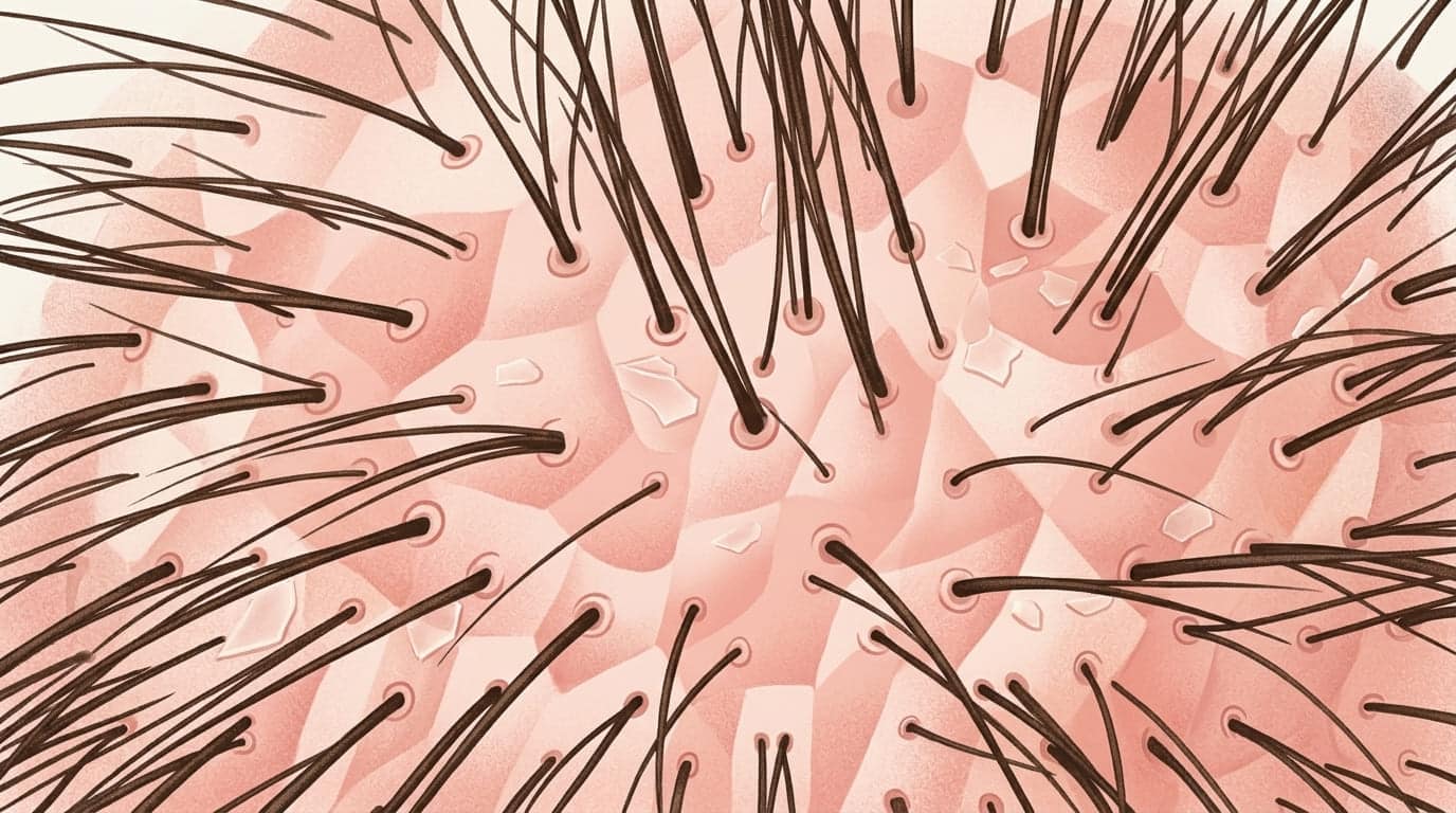 Illustrazione ingrandita di particelle di dermatite seborroica sul cuoio capelluto