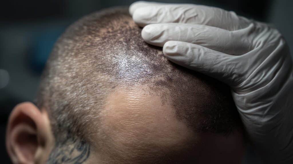 A hair tattoo adds tiny pigment dots to a thinning scalp, as this close-up of the treated area shows