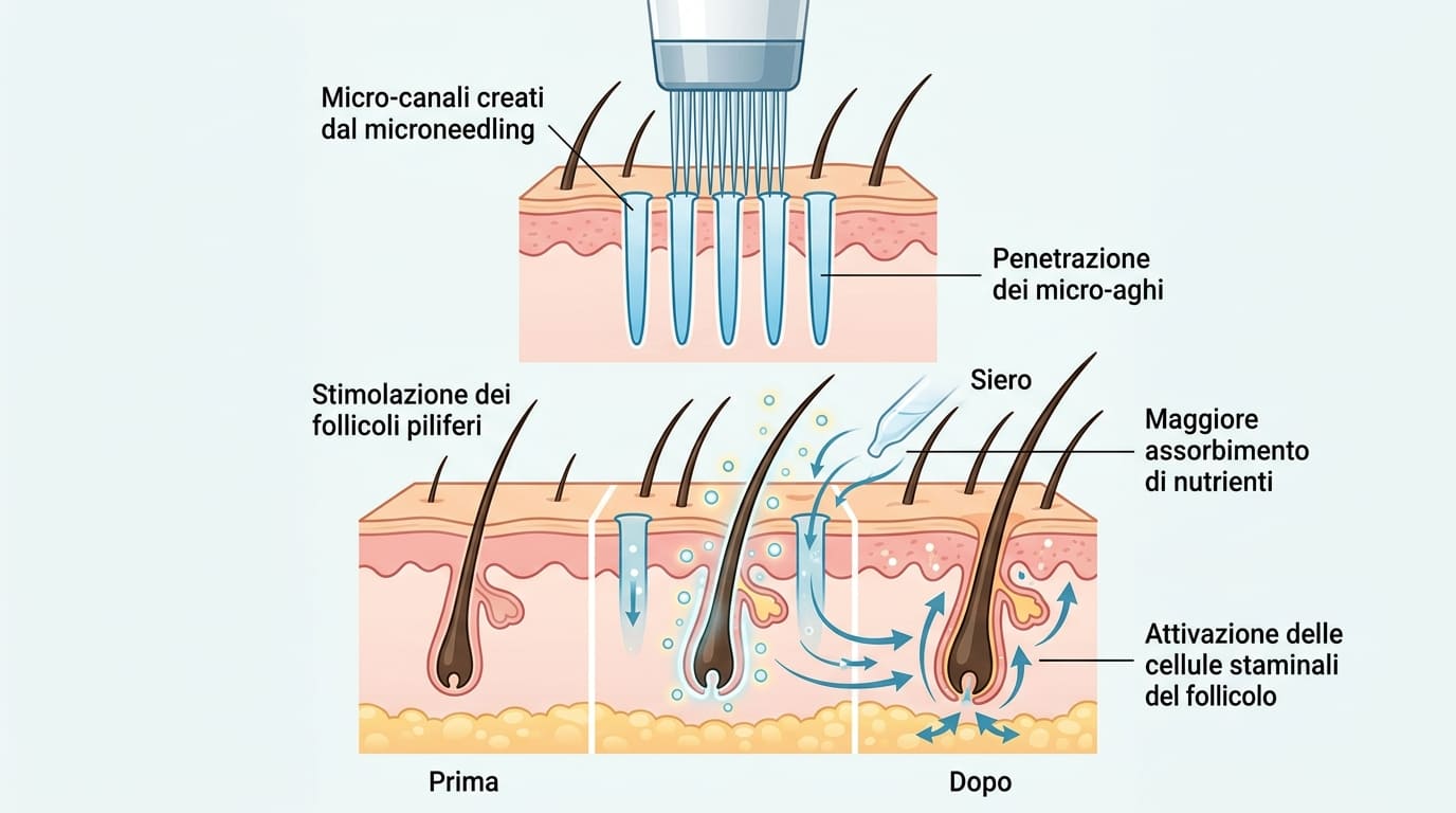 Micro-canali creati dal microneedling che stimolano i follicoli piliferi