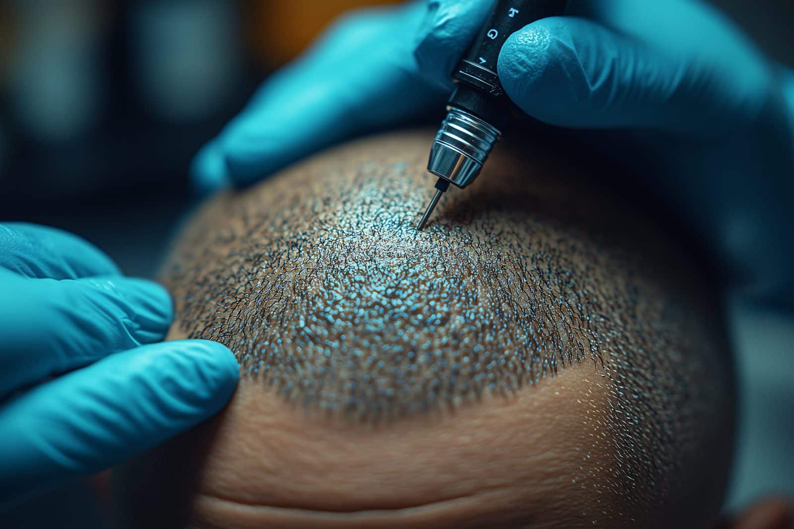 specjalista wykonuje tatuaż włosów za pomocą cienkiej igły, wprowadzając pigment do górnej warstwy skóry głowy