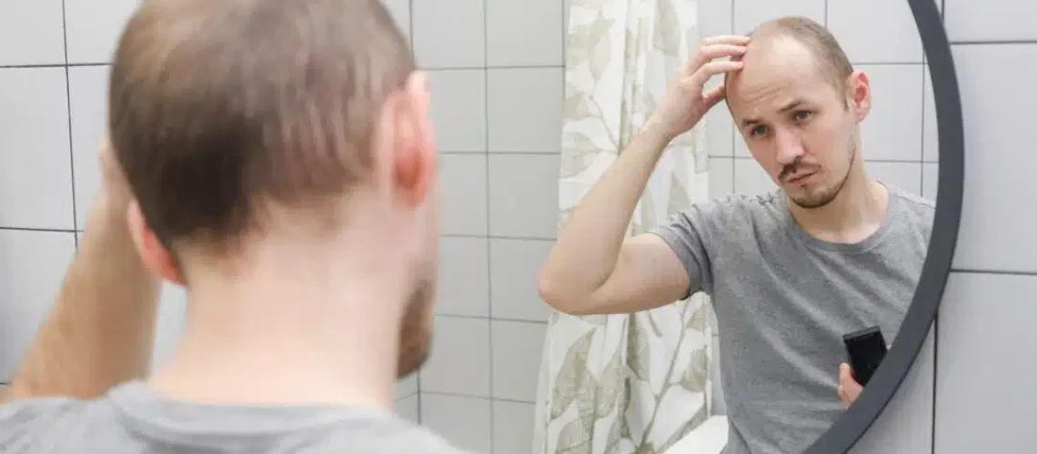 Мужчина с выпадением волос стоит перед зеркалом